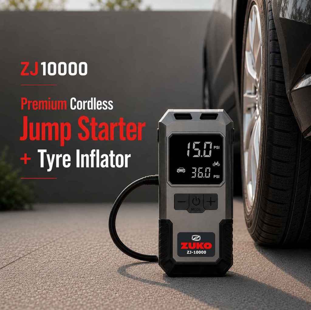 Zuko India Jump Starter + Tyre Inflator + Torch 3 in 1 ZJ-10000 | Portable Car Battery Booster Power Bank
