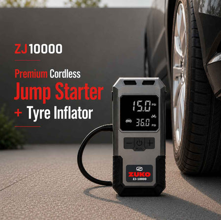 Zuko India Jump Starter + Tyre Inflator + Torch 3 in 1 ZJ-10000 | Portable Car Battery Booster Power Bank