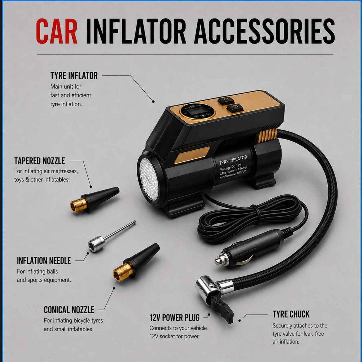Zuko India Tyre Inflator + LED Torch 2 in 1 ZI-250+ | Portable Digital Air Compressor for Car