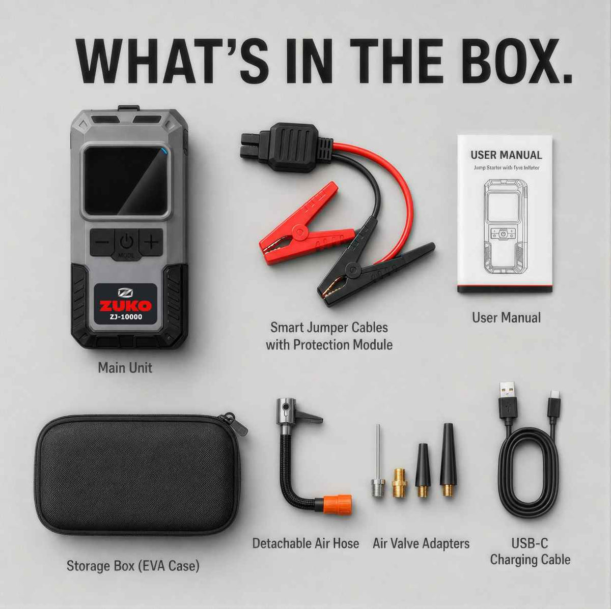 Zuko India Jump Starter + Tyre Inflator + Torch 3 in 1 ZJ-10000 | Portable Car Battery Booster Power Bank