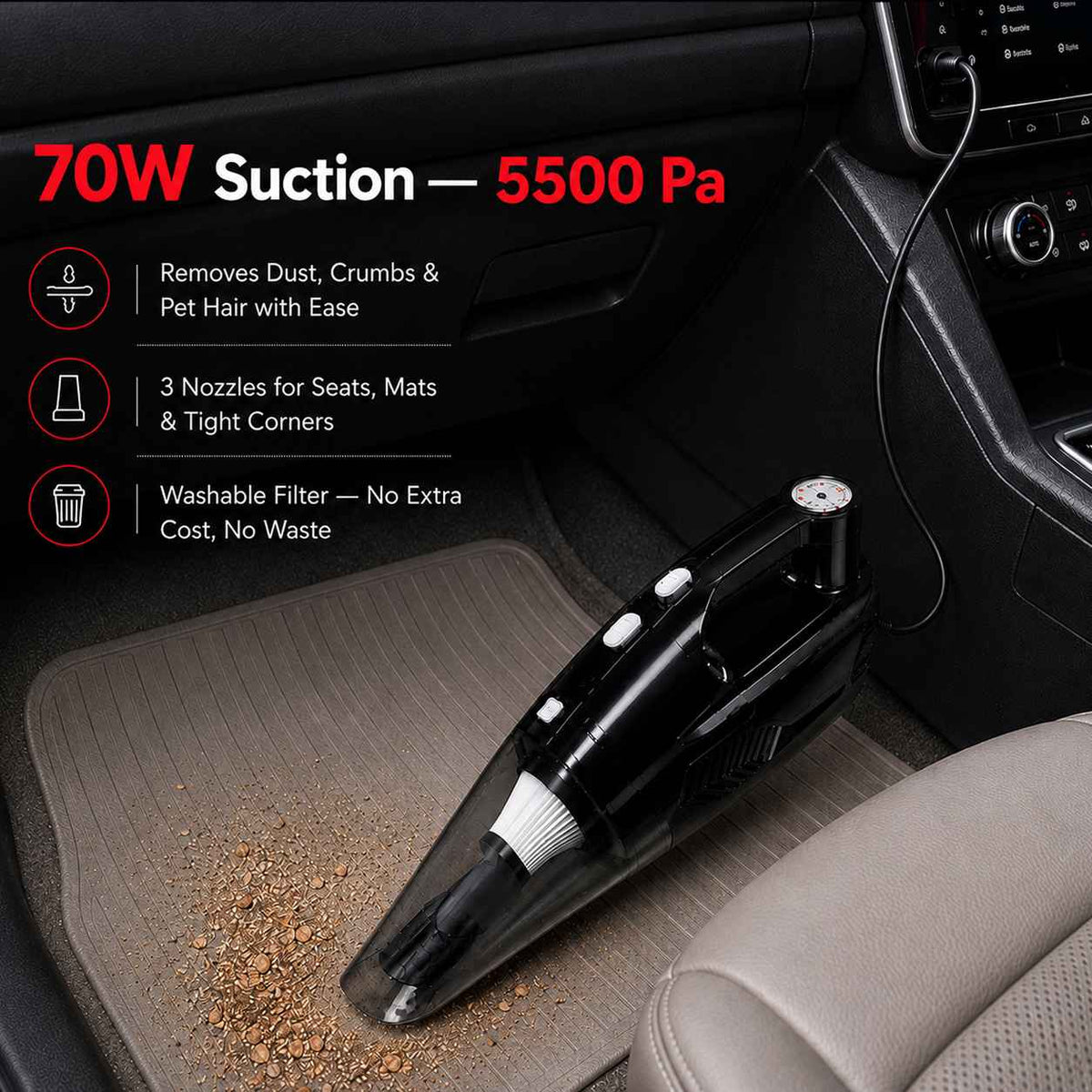 Zuko India Car Vacuum Cleaner + Tyre Inflator + Torch 3 in 1 ZV-5500 | Cordless Portable Vacuum