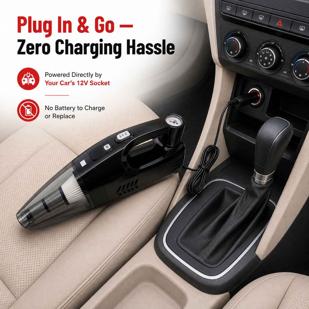 Zuko India Car Vacuum Cleaner + Tyre Inflator + Torch 3 in 1 ZV-5500 | Cordless Portable Vacuum
