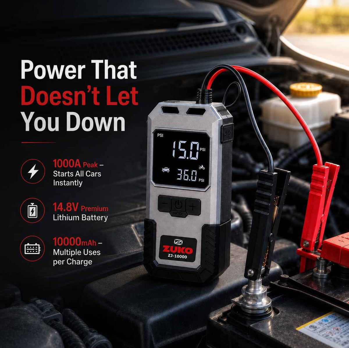Zuko India Jump Starter + Tyre Inflator + Torch 3 in 1 ZJ-10000 | Portable Car Battery Booster Power Bank