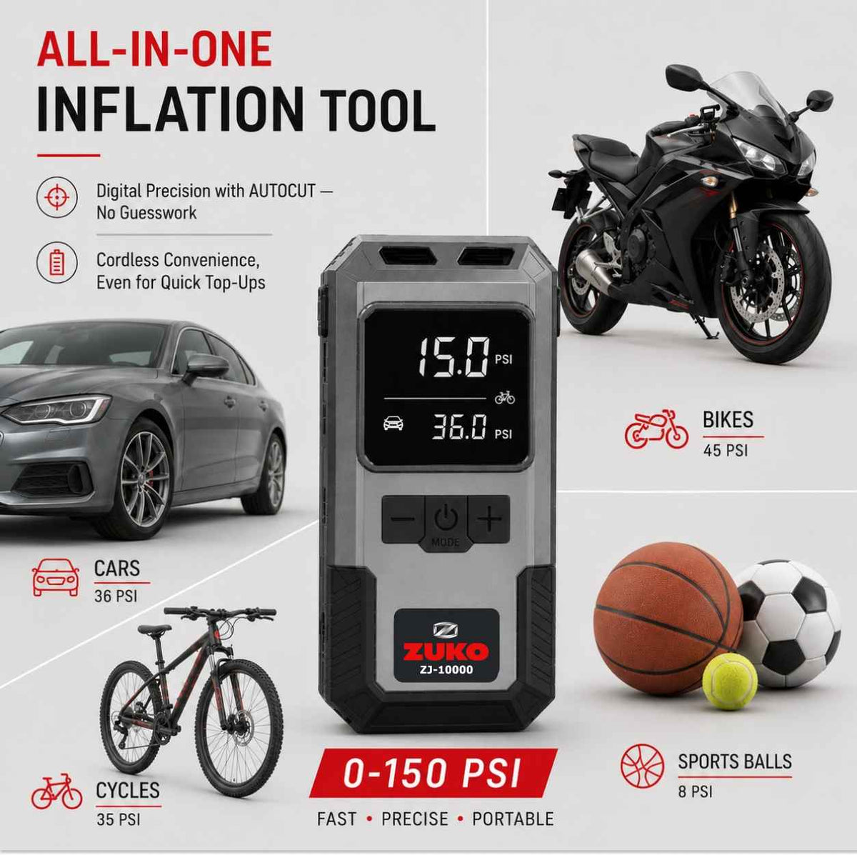 Zuko India Jump Starter + Tyre Inflator + Torch 3 in 1 ZJ-10000 | Portable Car Battery Booster Power Bank