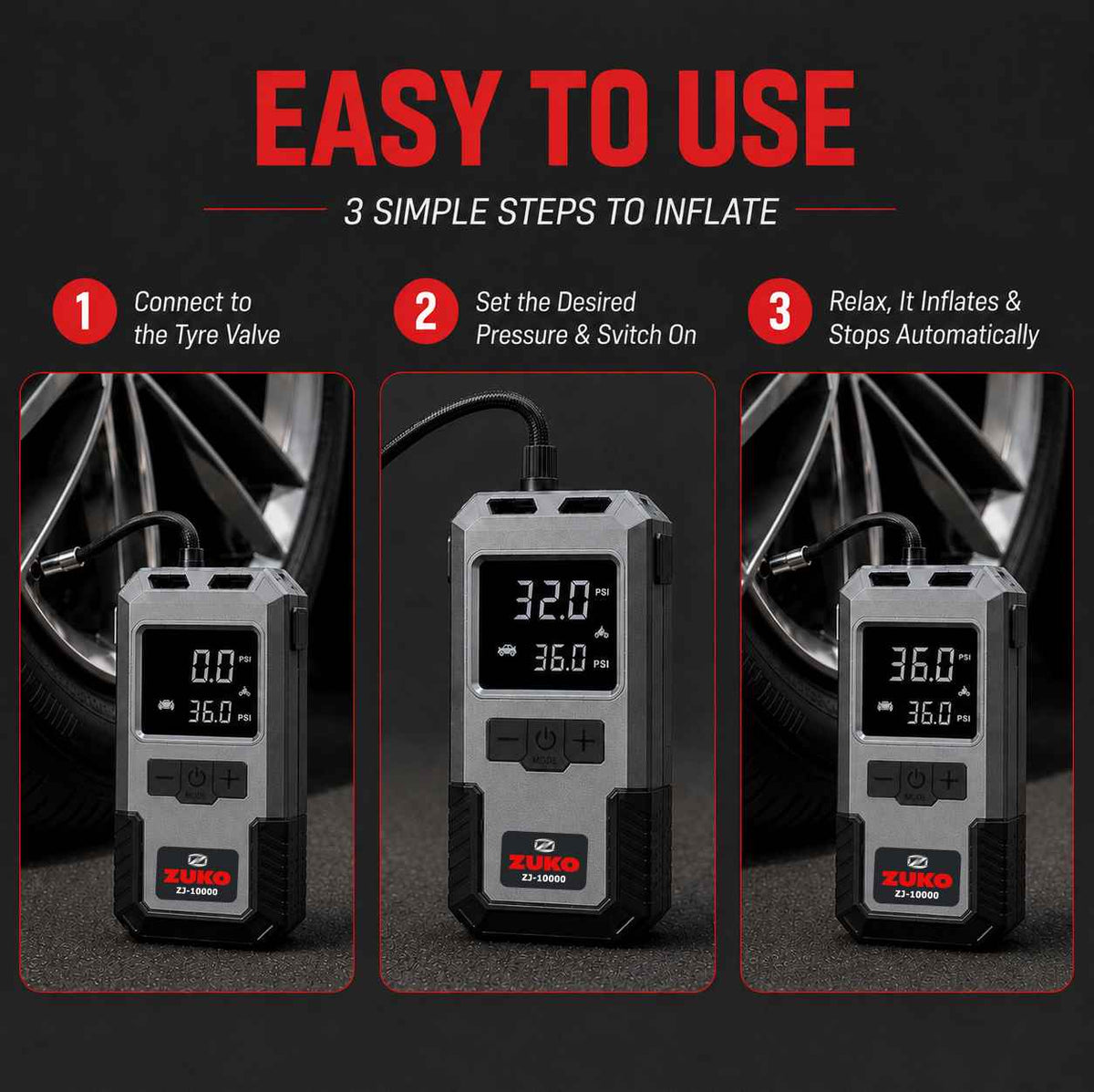 Zuko India Jump Starter + Tyre Inflator + Torch 3 in 1 ZJ-10000 | Portable Car Battery Booster Power Bank