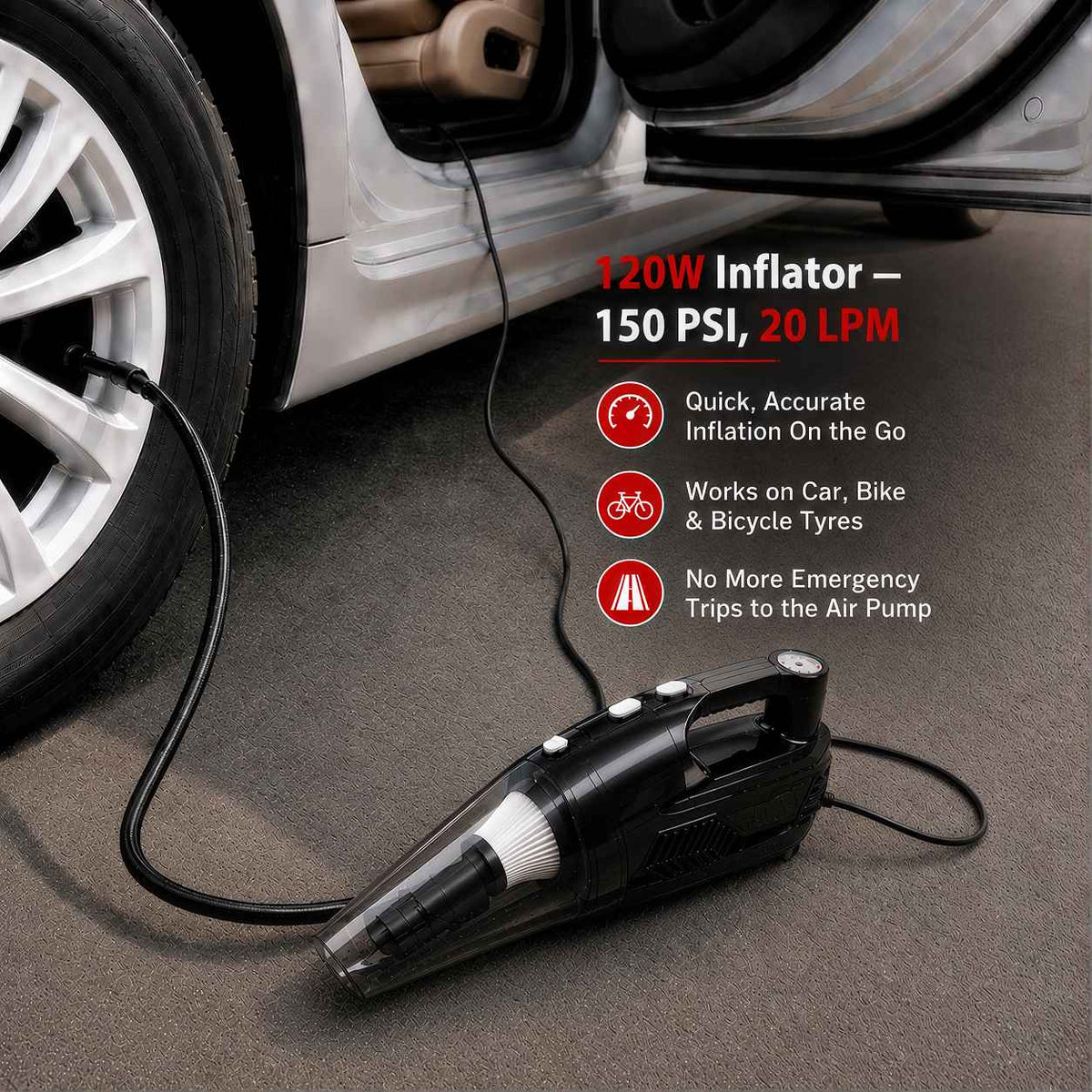 Zuko India Car Vacuum Cleaner + Tyre Inflator + Torch 3 in 1 ZV-5500 | Cordless Portable Vacuum