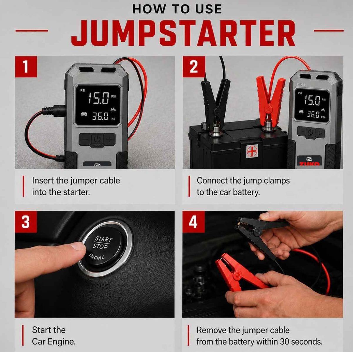 Zuko India Jump Starter + Tyre Inflator + Torch 3 in 1 ZJ-10000 | Portable Car Battery Booster Power Bank