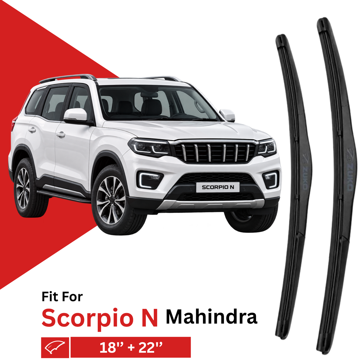 Zuko India Scorpio N MAHINDRA Compatible Wiper Blades | Frameless (Pin-Tap)