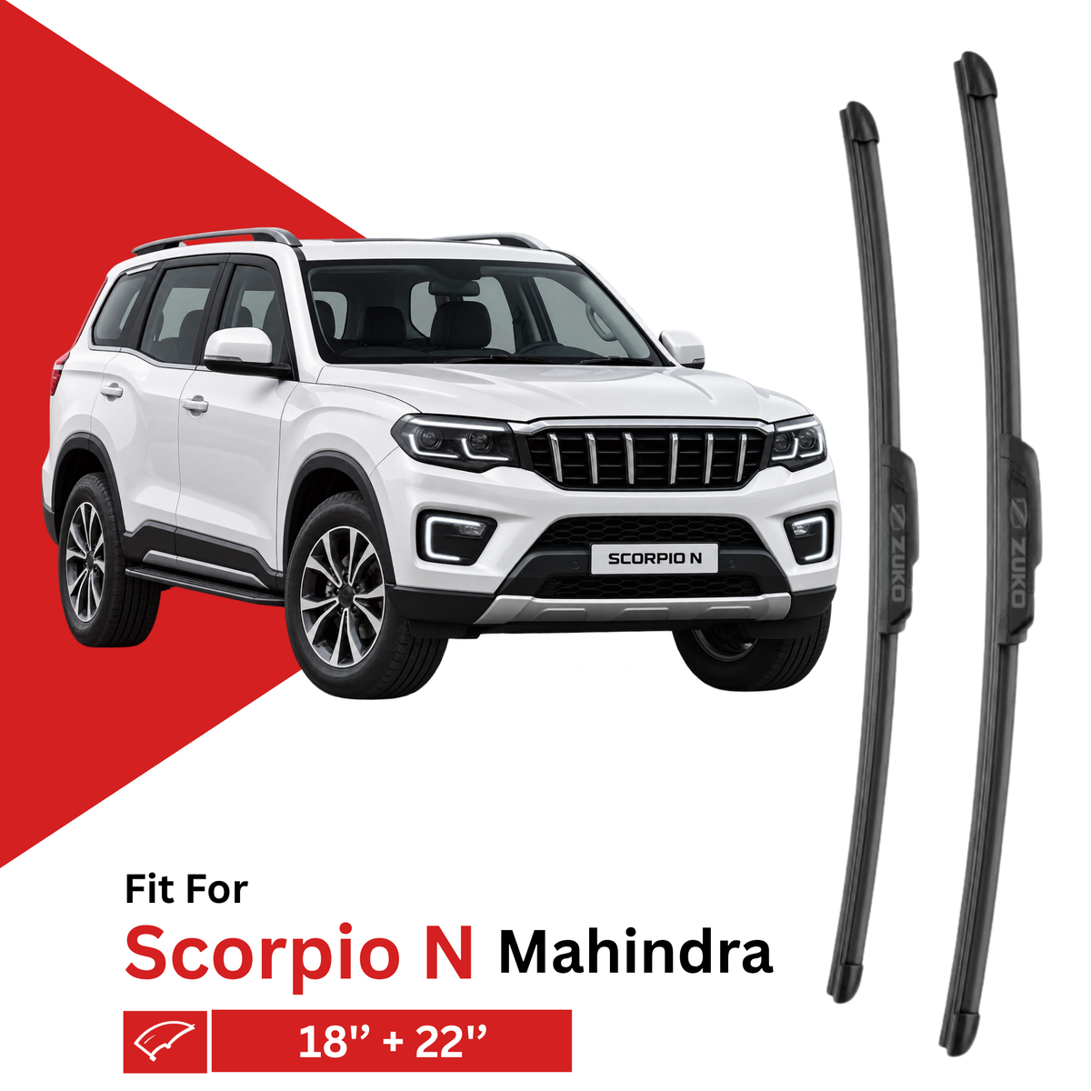 Zuko India Scorpio N MAHINDRA Compatible Wiper Blades | Frameless (Pin-Tap)