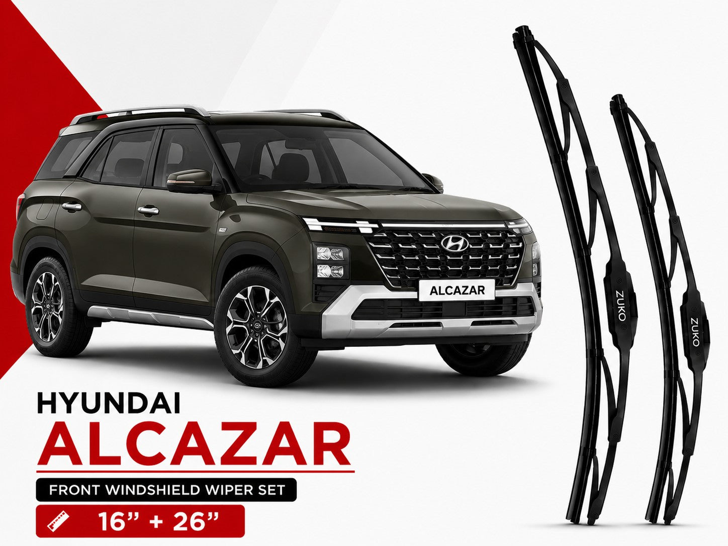 Zuko India Alcazar HYUNDAI (2015-2026) Compatible Wiper Blades | Conventional, Hybrid & Frameless