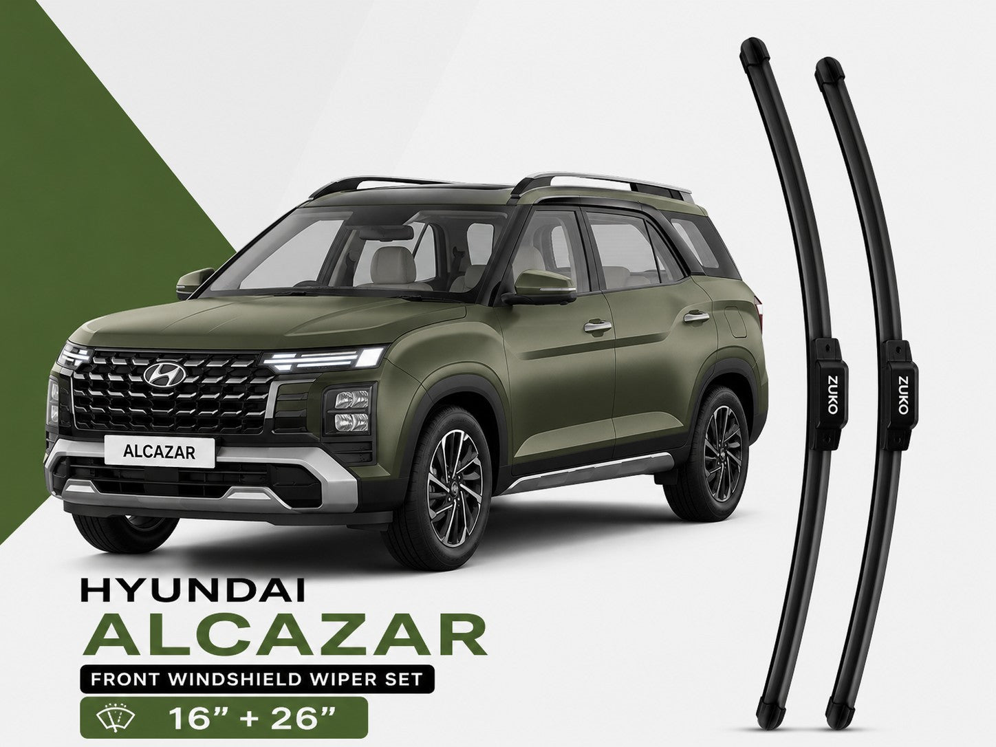 Zuko India Alcazar HYUNDAI (2015-2026) Compatible Wiper Blades | Conventional, Hybrid & Frameless