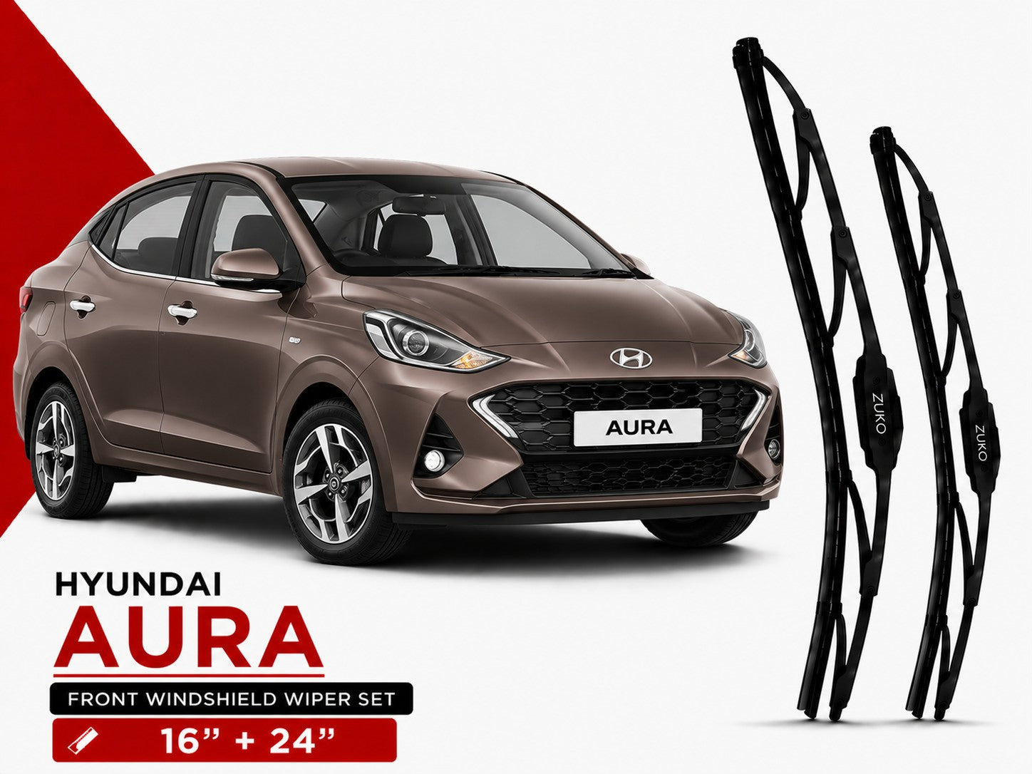 Zuko India Aura HYUNDAI (2015-2026) Compatible Wiper Blades | Conventional, Hybrid & Frameless