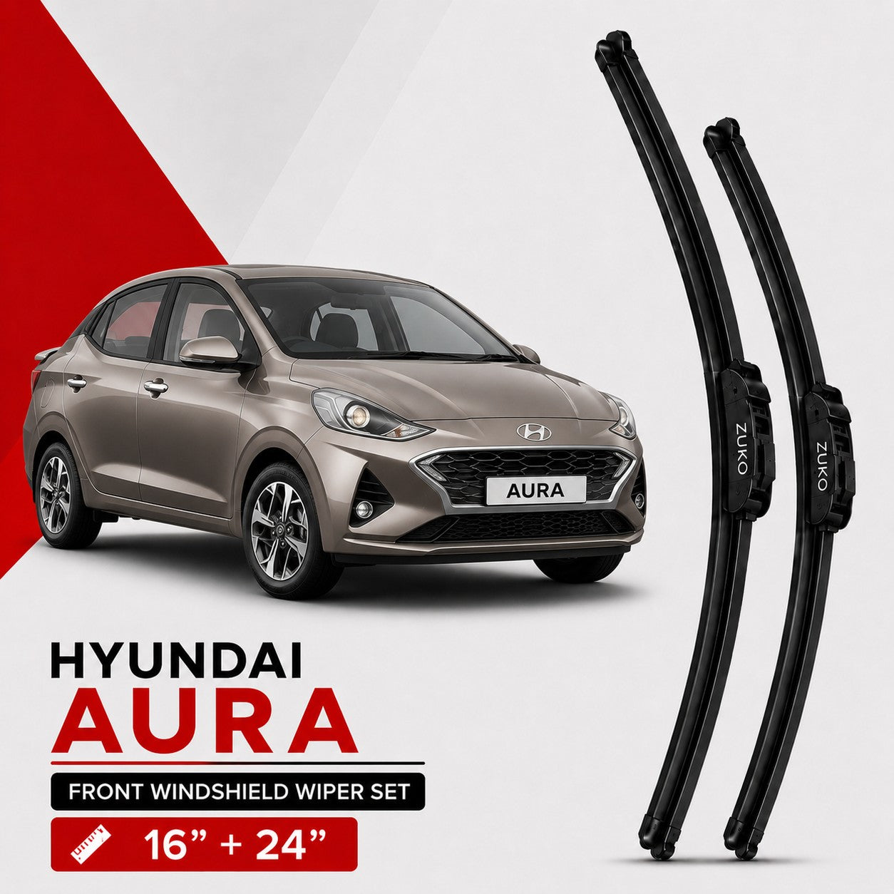 Zuko India Aura HYUNDAI (2015-2026) Compatible Wiper Blades | Conventional, Hybrid & Frameless