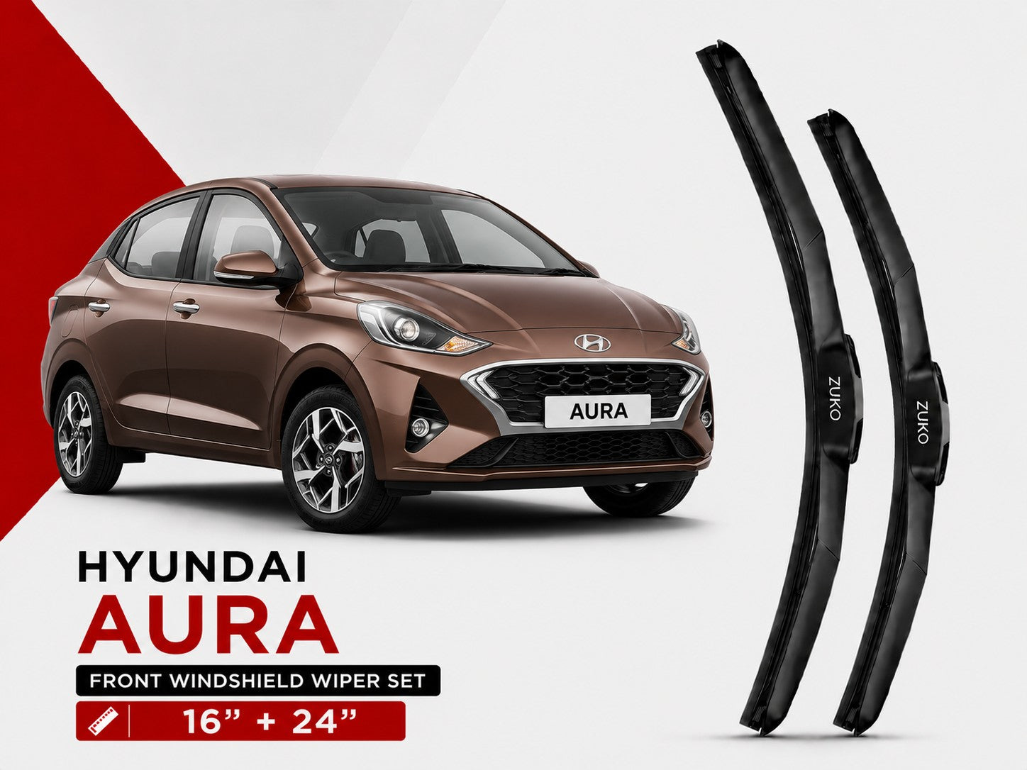 Zuko India Aura HYUNDAI (2015-2026) Compatible Wiper Blades | Conventional, Hybrid & Frameless