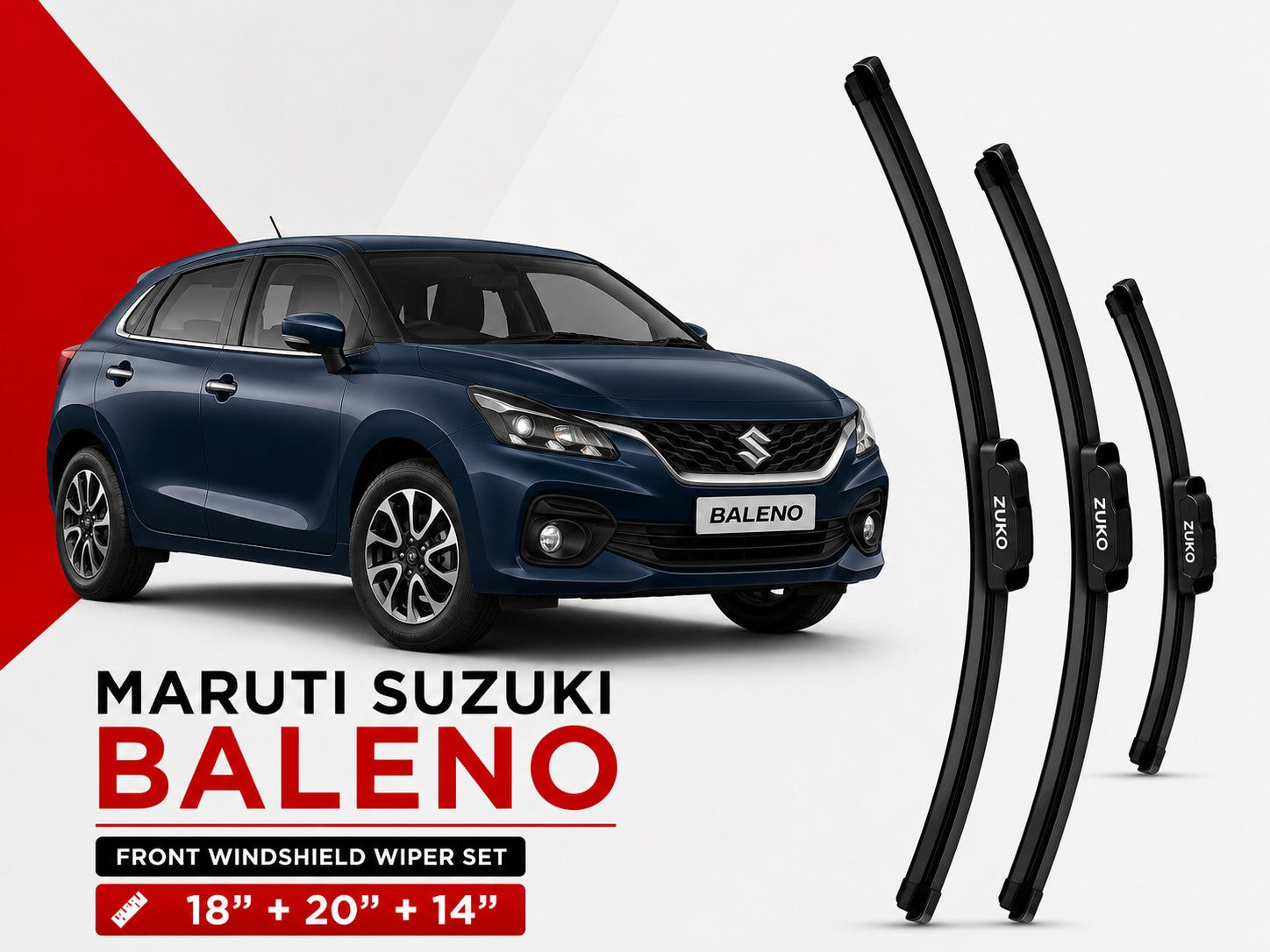 Zuko India Baleno MARUTI SUZUKI (2015-2026) Compatible Wiper Blades | Conventional, Hybrid & Frameless