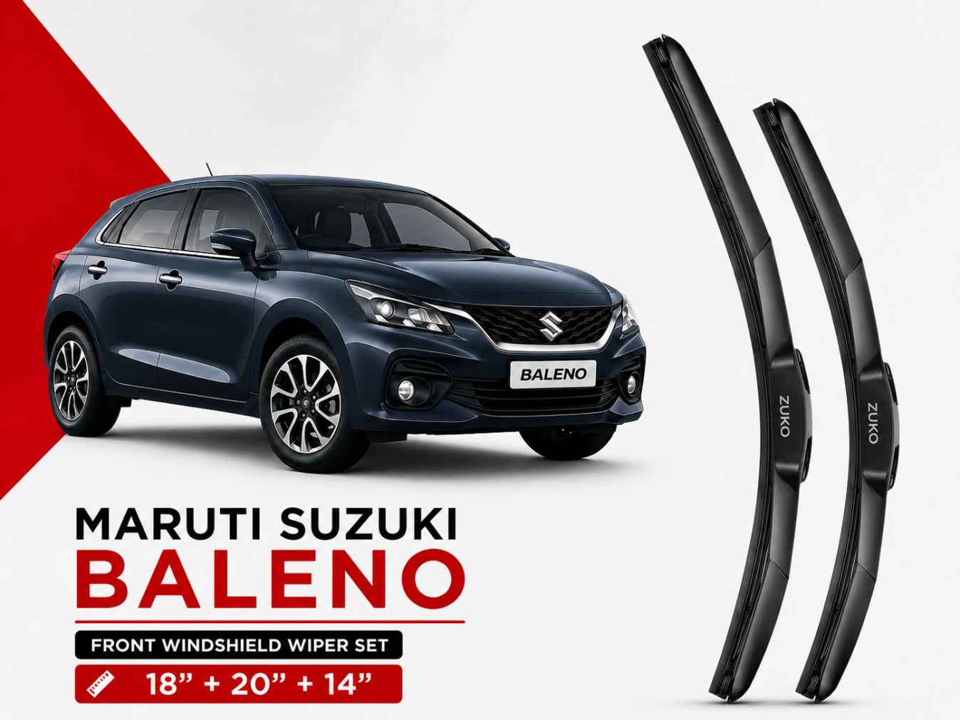 Zuko India Baleno MARUTI SUZUKI (2015-2026) Compatible Wiper Blades | Conventional, Hybrid & Frameless