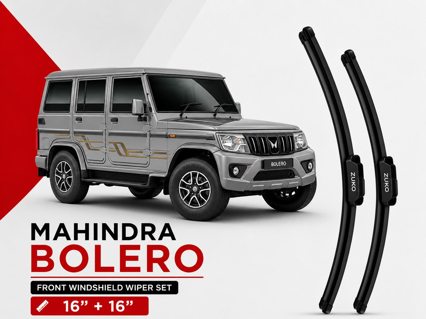 Zuko India Bolero MAHINDRA (2015-2026) Compatible Wiper Blades | Conventional, Hybrid & Frameless
