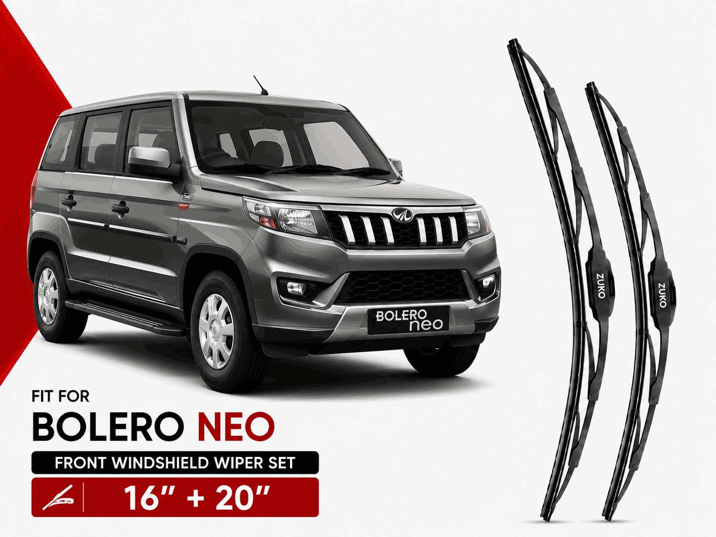 Zuko India Bolero Neo MAHINDRA (2015-2026) Compatible Wiper Blades | Conventional, Hybrid & Frameless