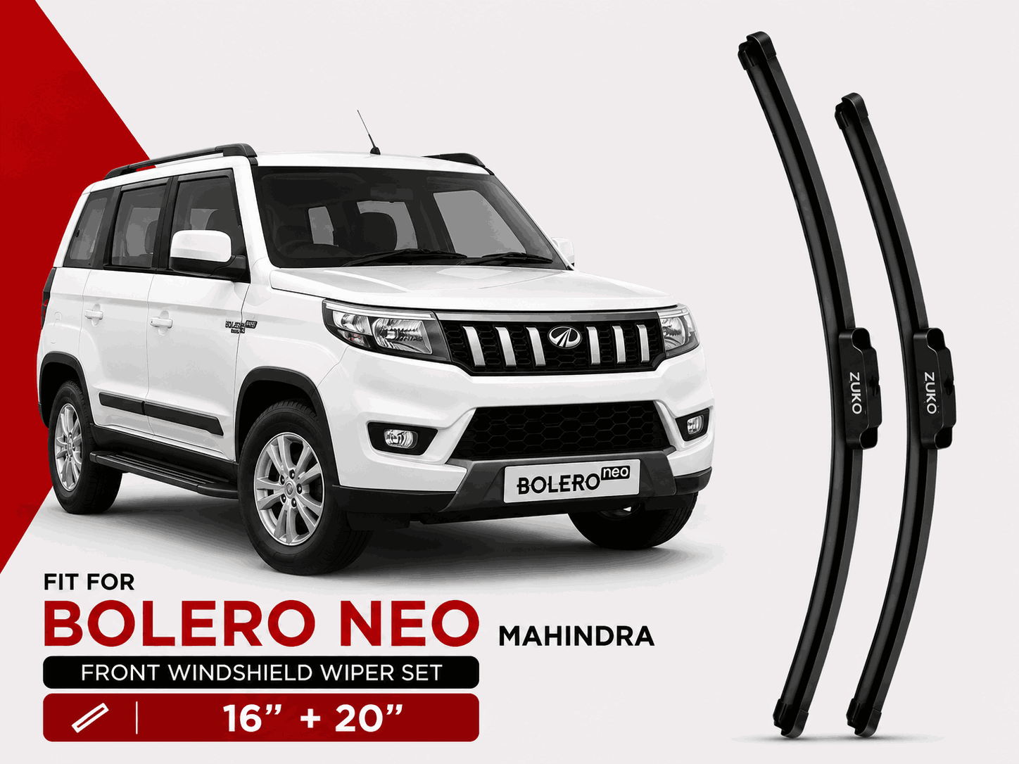 Zuko India Bolero Neo MAHINDRA (2015-2026) Compatible Wiper Blades | Conventional, Hybrid & Frameless