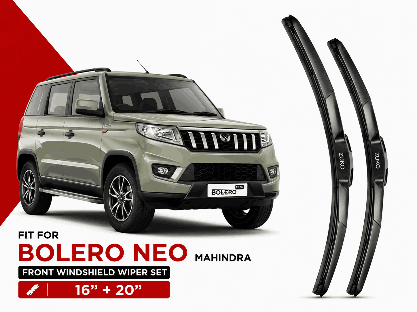 Zuko India Bolero Neo MAHINDRA (2015-2026) Compatible Wiper Blades | Conventional, Hybrid & Frameless