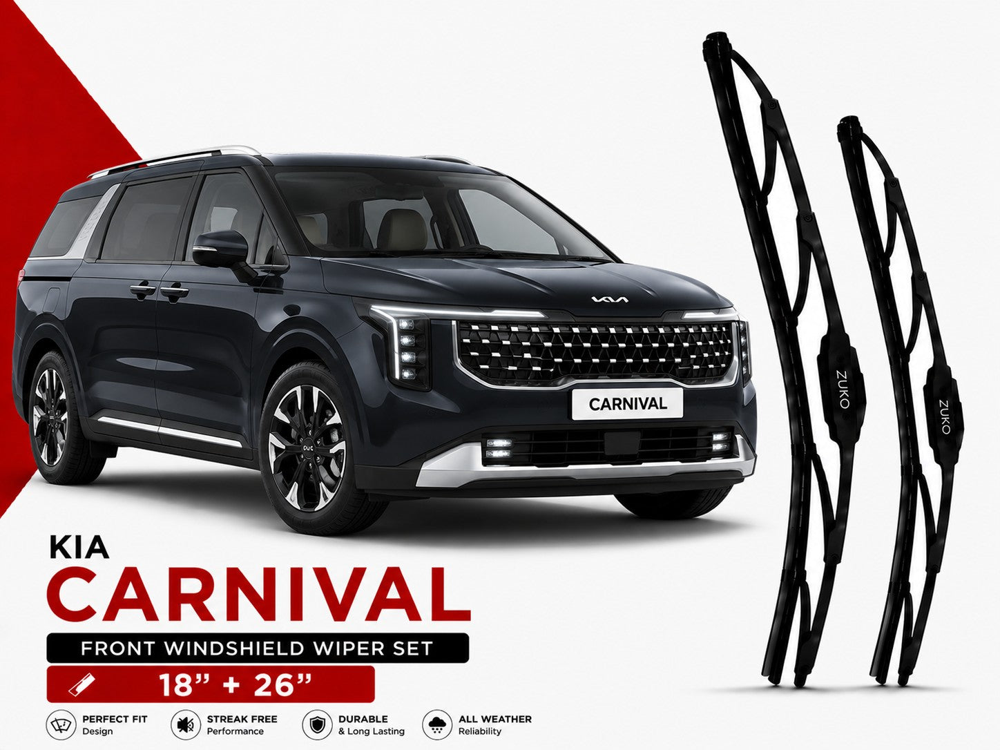 Zuko India Carnival KIA (2015-2026) Compatible Wiper Blades | Conventional, Hybrid & Frameless