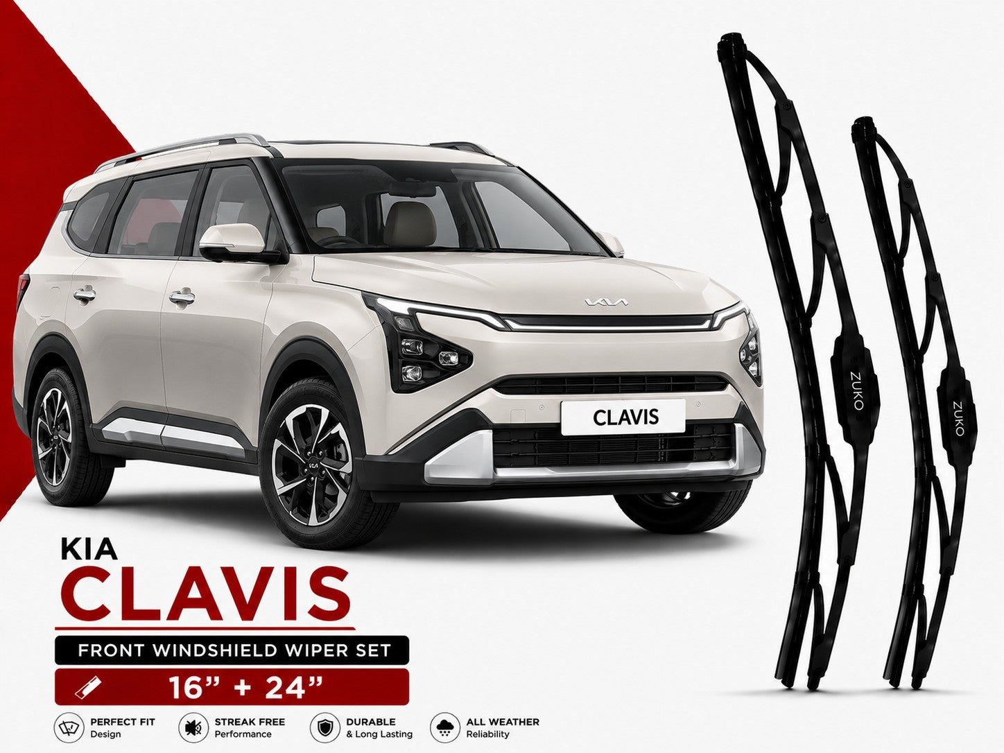 Zuko India Clavis KIA (2015-2026) Compatible Wiper Blades | Conventional, Hybrid & Frameless