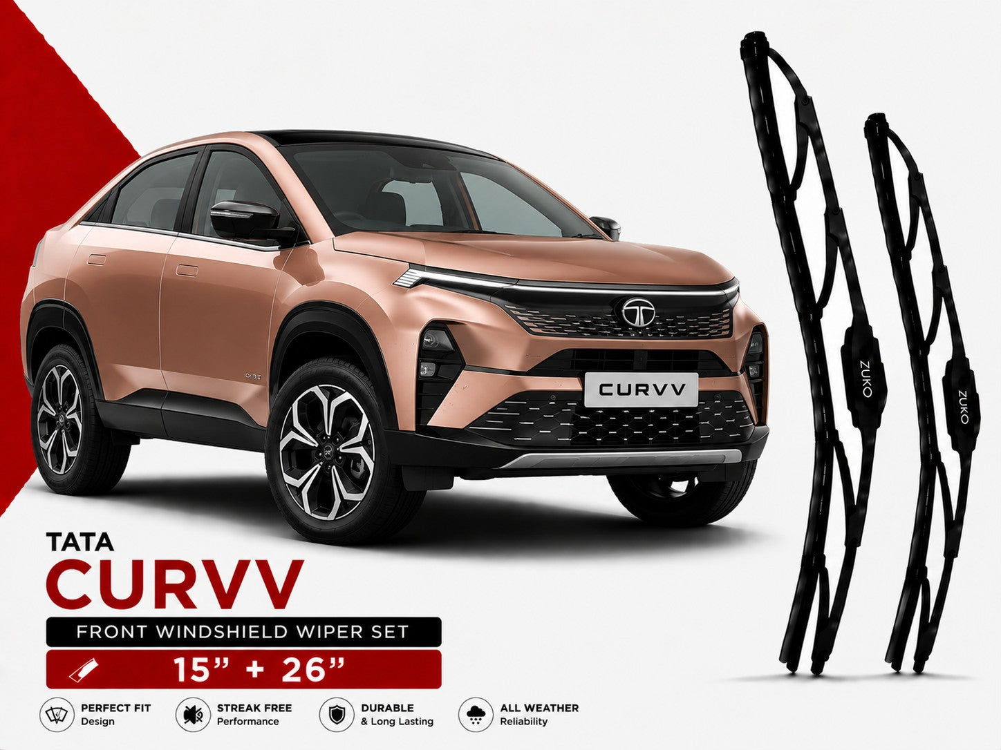 Zuko India Curvv TATA (2015-2026) Compatible Wiper Blades | Conventional, Hybrid & Frameless