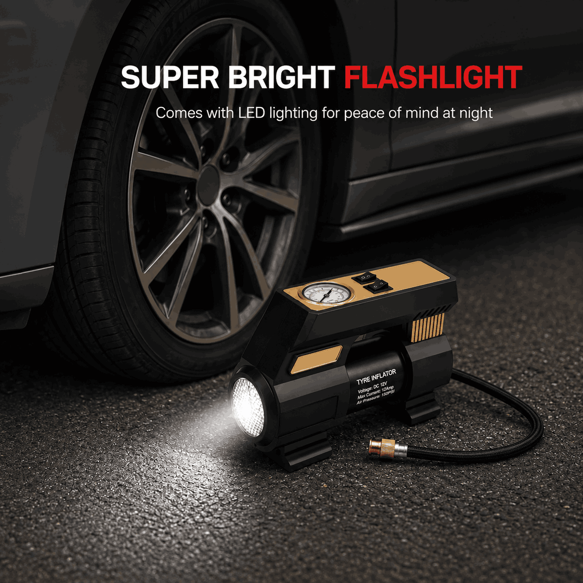 Zuko India Tyre Inflator + LED Torch 2 in 1 ZI-250+ | Portable Analog Air Compressor for Car