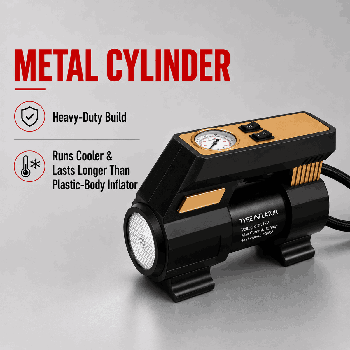 Zuko India Tyre Inflator + LED Torch 2 in 1 ZI-250+ | Portable Analog Air Compressor for Car