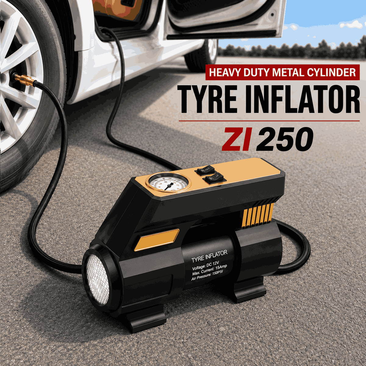 Zuko India Tyre Inflator + LED Torch 2 in 1 ZI-250+ | Portable Analog Air Compressor for Car