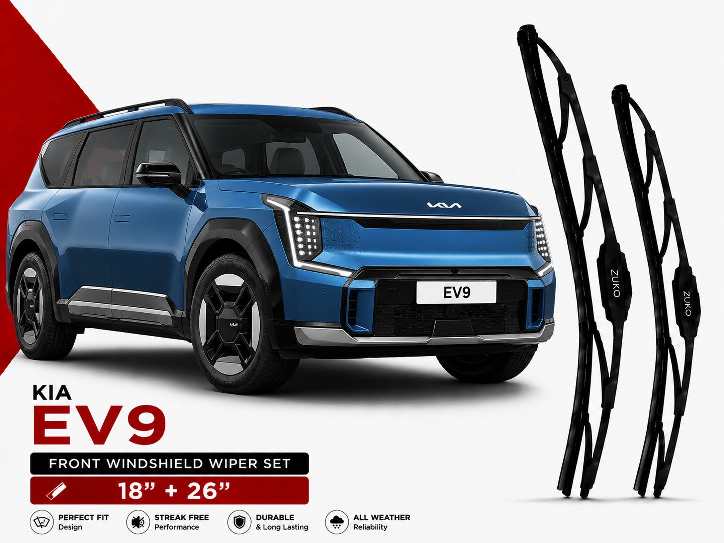 Zuko India EV9 KIA (2015-2026) Compatible Wiper Blades | Conventional, Hybrid & Frameless