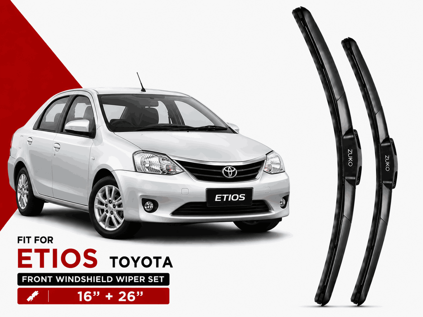 Zuko India Etios TOYOTA (2011-2022) Compatible Wiper Blades | Conventional, Hybrid & Frameless