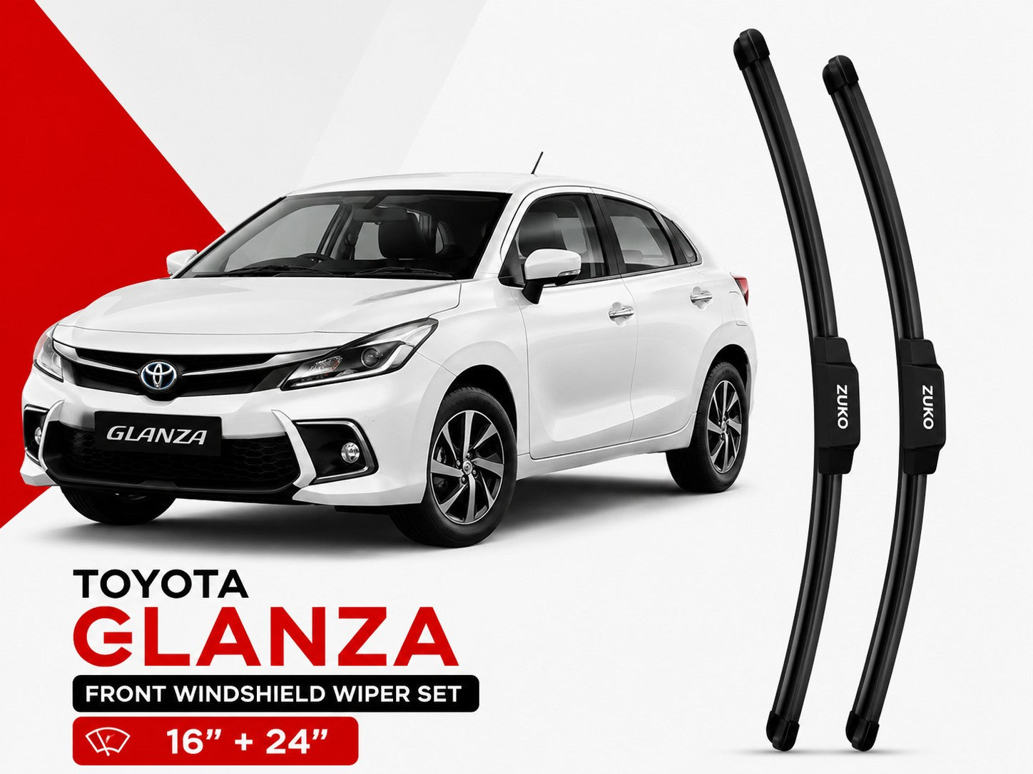 Zuko India Glanza TOYOTA (2015-2026) Compatible Wiper Blades | Conventional, Hybrid & Frameless
