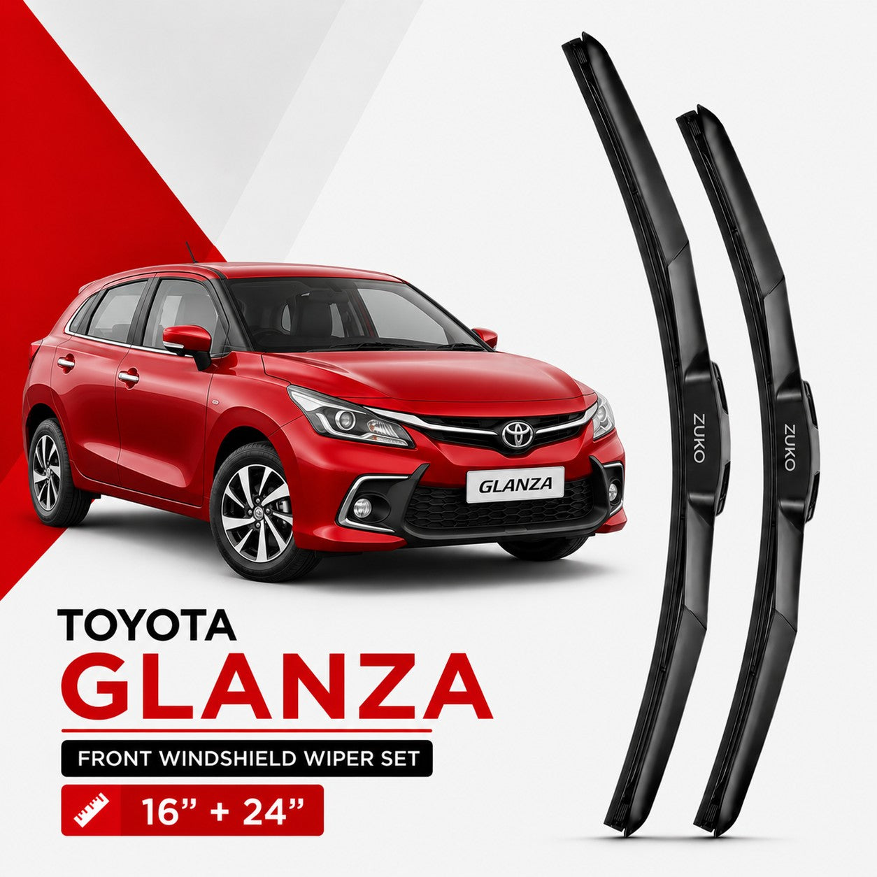 Zuko India Glanza TOYOTA (2015-2026) Compatible Wiper Blades | Conventional, Hybrid & Frameless
