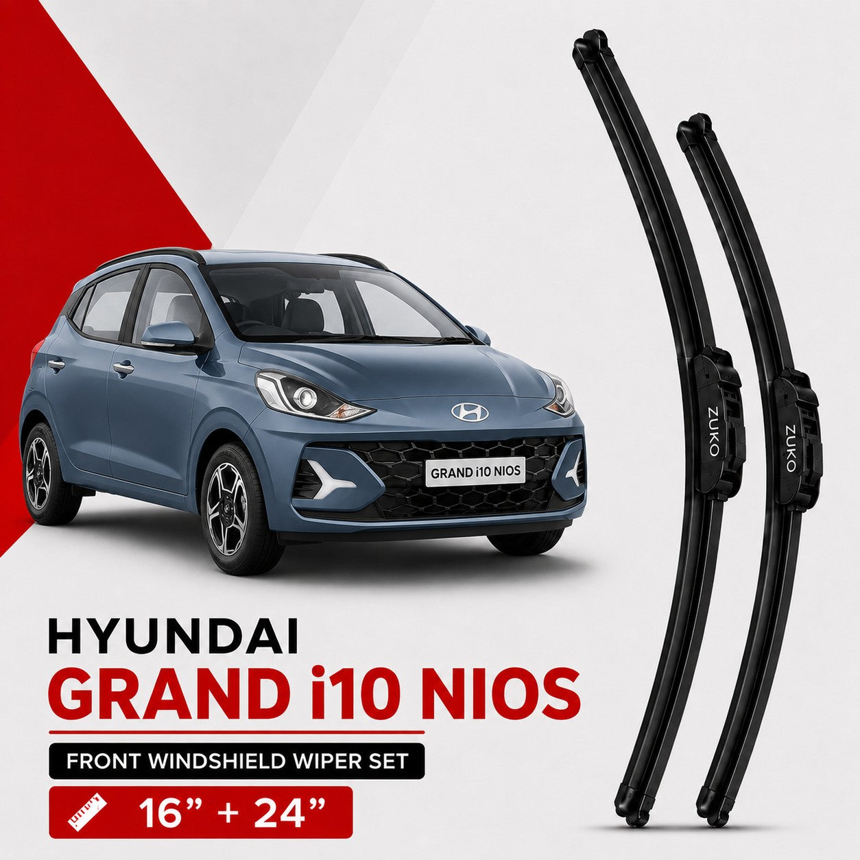 Zuko India Grand i10 Nios HYUNDAI (2015-2026) Compatible Wiper Blades | Conventional, Hybrid & Frameless