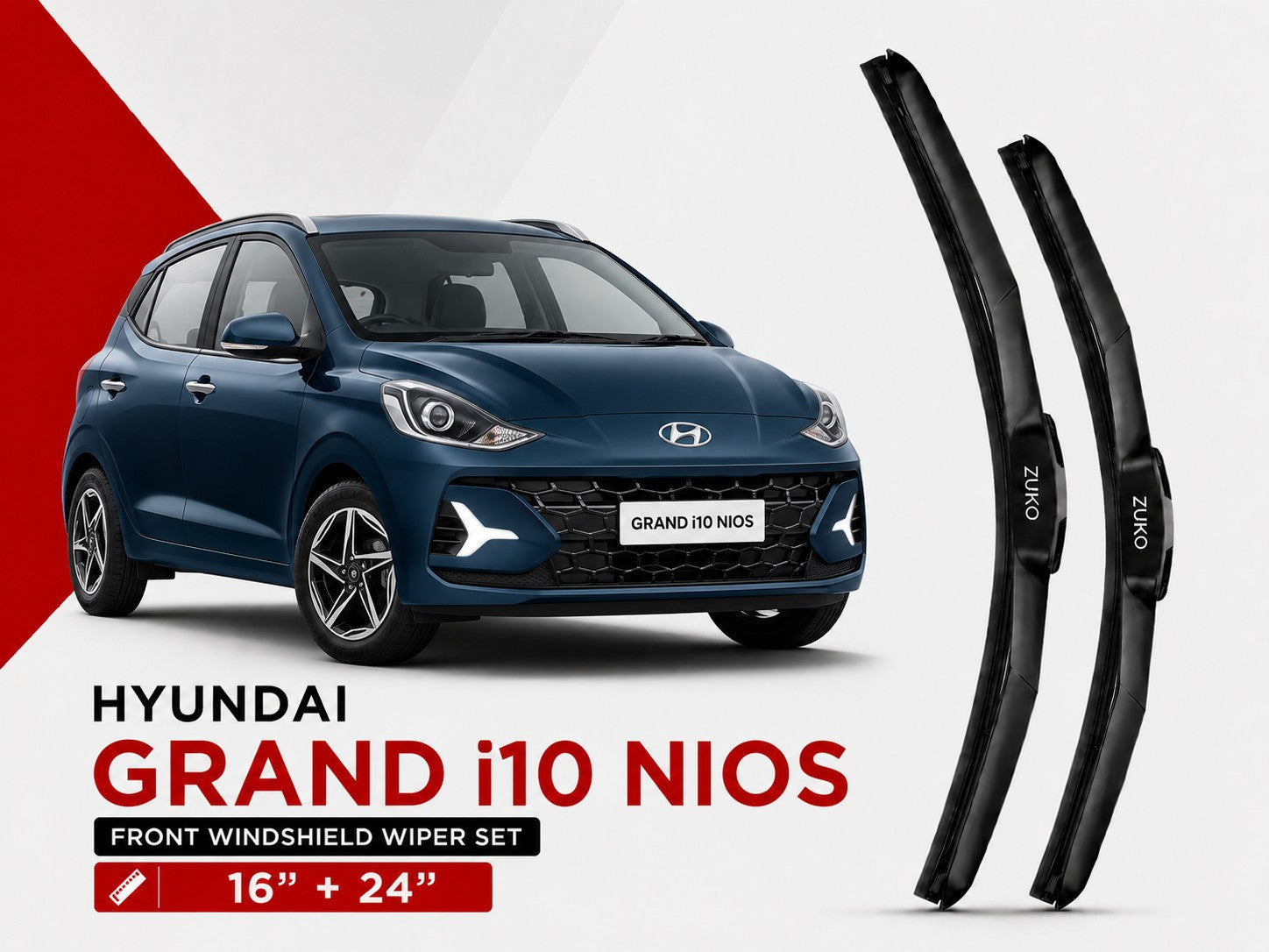 Zuko India Grand i10 Nios HYUNDAI (2015-2026) Compatible Wiper Blades | Conventional, Hybrid & Frameless