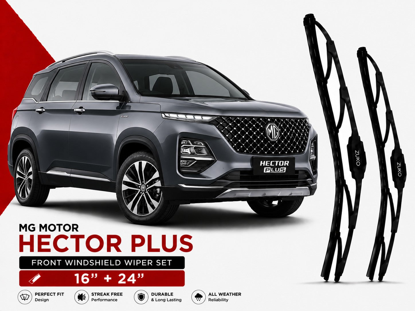 Zuko India Hector Plus MG MOTOR (2015-2026) Compatible Wiper Blades | Conventional, Hybrid & Frameless