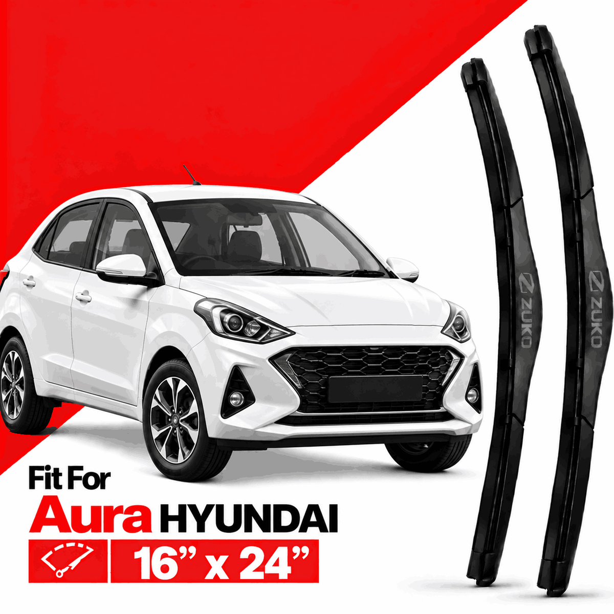 Zuko India Aura HYUNDAI (2015-2026) Compatible Wiper Blades | Conventional, Hybrid & Frameless