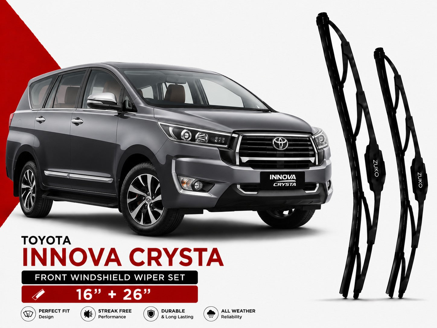 Zuko India Innova Crysta TOYOTA (2015-2026) Compatible Wiper Blades | Conventional, Hybrid & Frameless