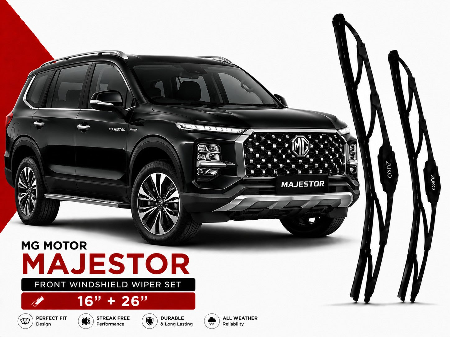 Zuko India Majestor MG MOTOR (2015-2026) Compatible Wiper Blades | Conventional, Hybrid & Frameless