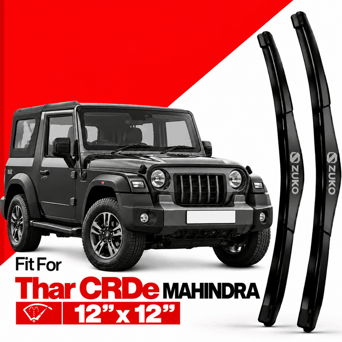 Zuko India Thar CRDe MAHINDRA (2010-2020) Compatible Wiper Blades | Conventional, Hybrid & Frameless