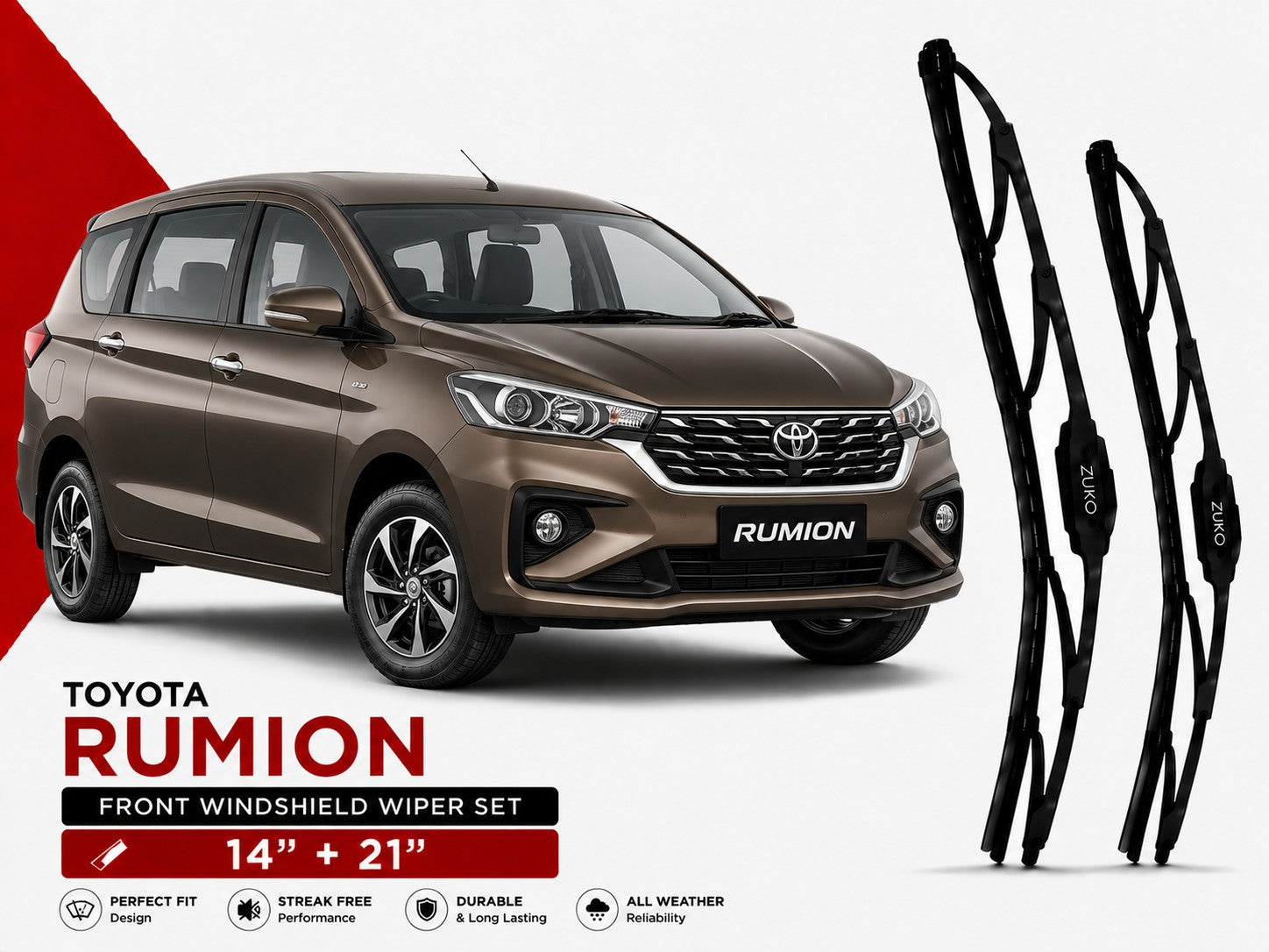 Zuko India Rumion TOYOTA (2015-2026) Compatible Wiper Blades | Conventional, Hybrid & Frameless