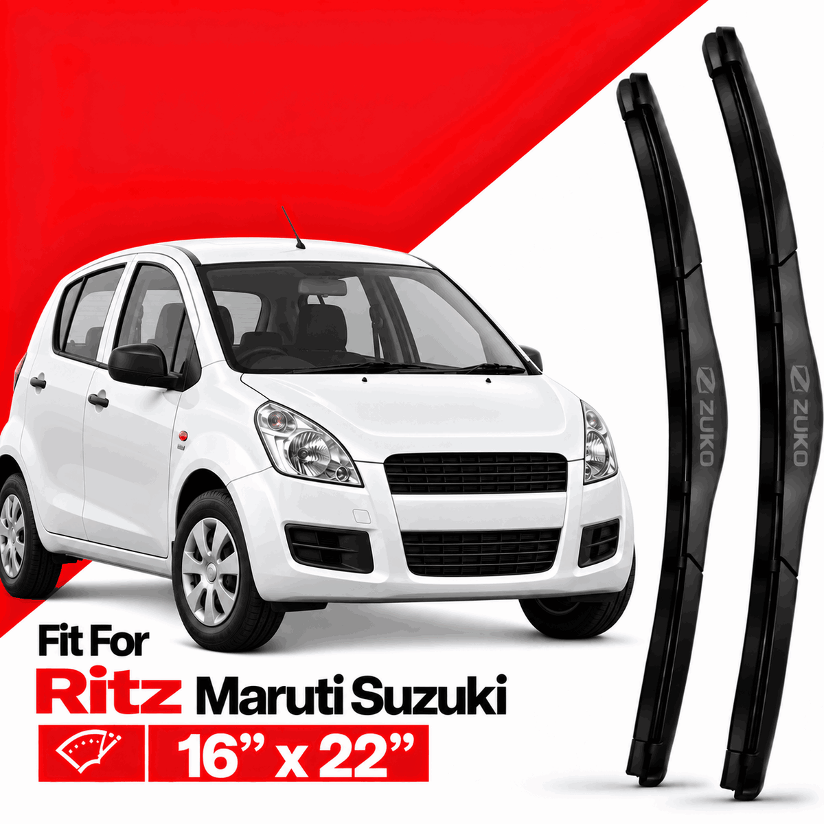 Zuko India Ritz MARUTI SUZUKI (2009-2017) Compatible Wiper Blades | Conventional, Hybrid & Frameless