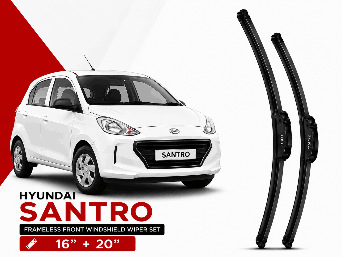 Zuko India Santro HYUNDAI (2015-2022) Compatible Wiper Blades | Conventional, Hybrid & Frameless