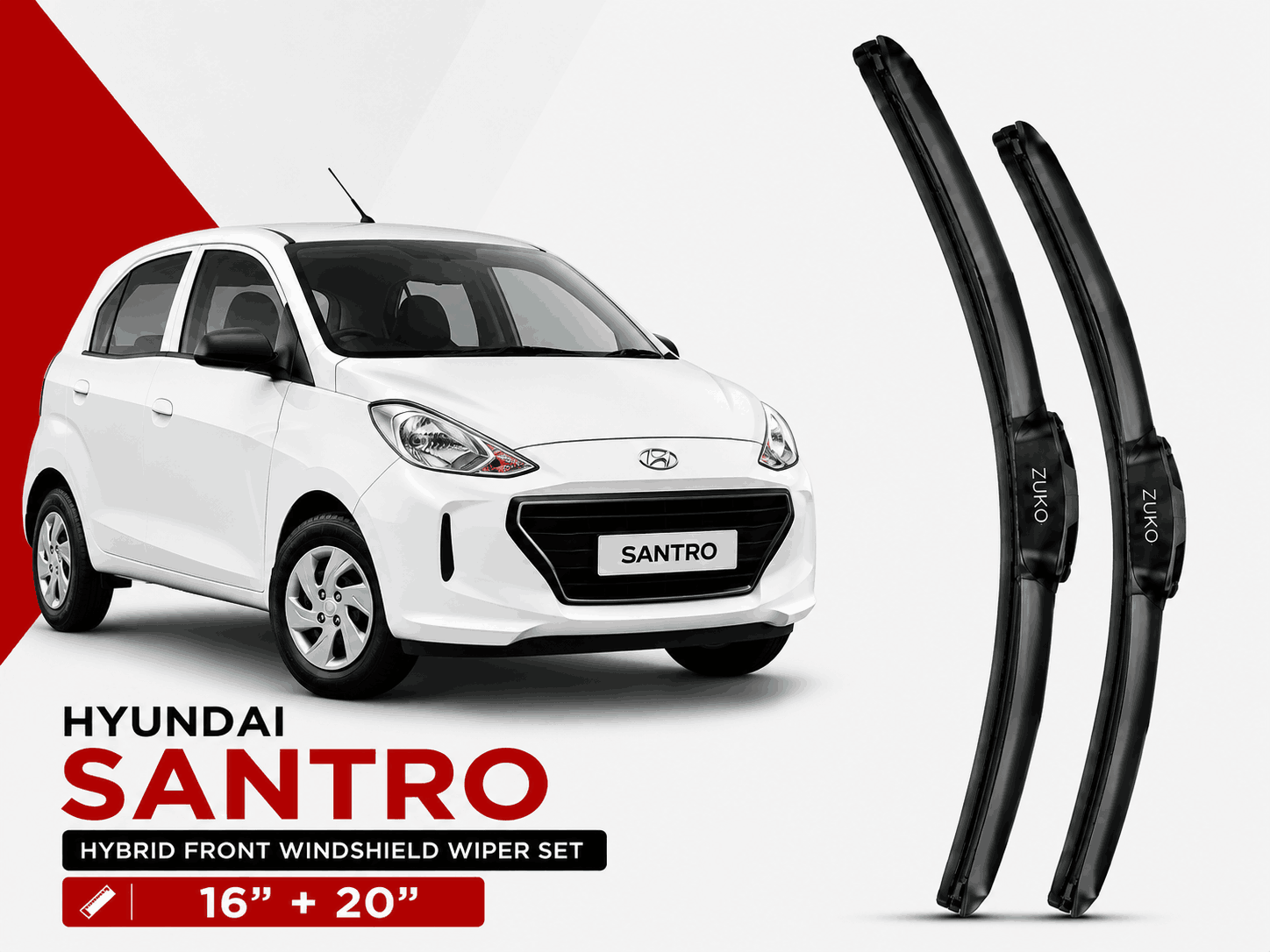 Zuko India Santro HYUNDAI (2015-2022) Compatible Wiper Blades | Conventional, Hybrid & Frameless