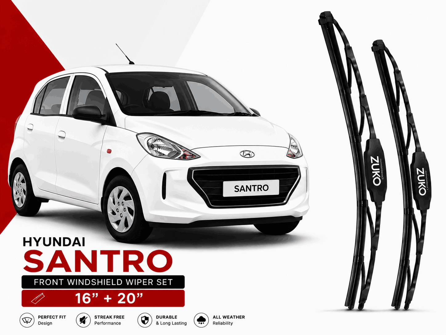 Zuko India Santro HYUNDAI (2015-2022) Compatible Wiper Blades | Conventional, Hybrid & Frameless