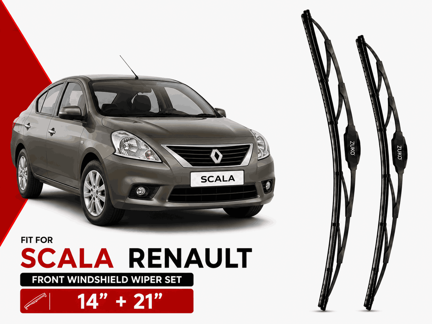 Zuko India Scala RENAULT (2012-2017) Compatible Wiper Blades | Conventional, Hybrid & Frameless