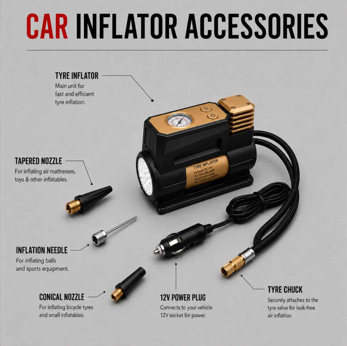 Zuko India Tyre Inflator + LED Torch 2 in 1 ZI-350 | Digital Display Air Compressor for Car