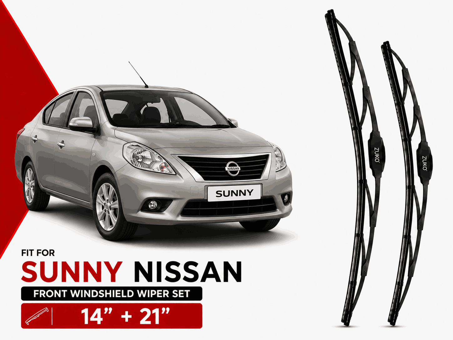 Zuko India Sunny NISSAN (2011-2019) Compatible Wiper Blades | Conventional, Hybrid & Frameless