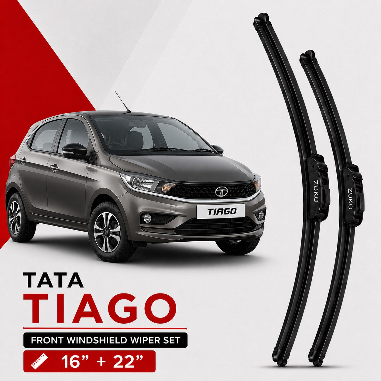 Zuko India Tiago TATA (2015-2026) Compatible Wiper Blades | Conventional, Hybrid & Frameless
